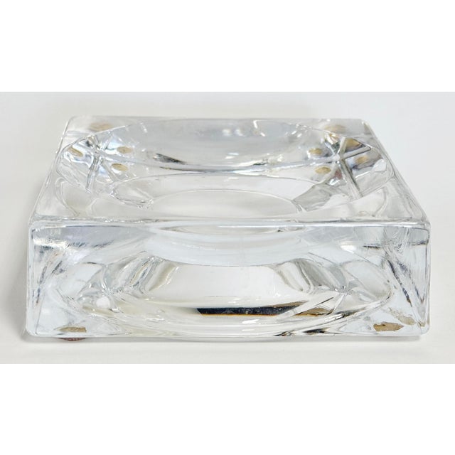 Vintage classic clear glass square ashtray or catchall with round bowl. Age wear. No chips or cracks.