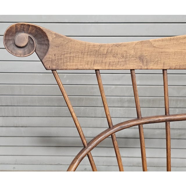 Late 20th Century Late 20th Century Windsor Chair Comb Back Bench W Arms, Tiger Maple, Oak & Maple Made in Ohio For Sale - Image 5 of 12