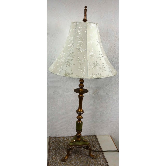 Antique Brass and Onyx Table Lamp with Fabric Shade from Unbekannt, 1930s For Sale - Image 4 of 13