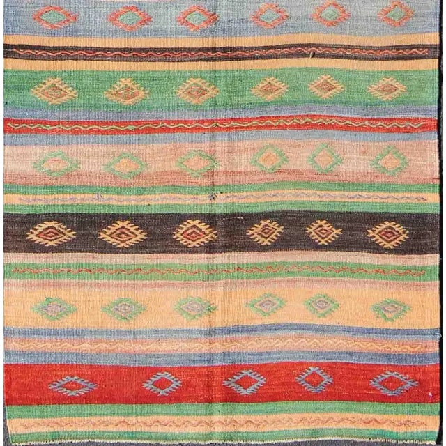 Mid 20th Century Vintage Turkish Kilim Carpet With Colorful Geometric Stripe Design For Sale - Image 4 of 13