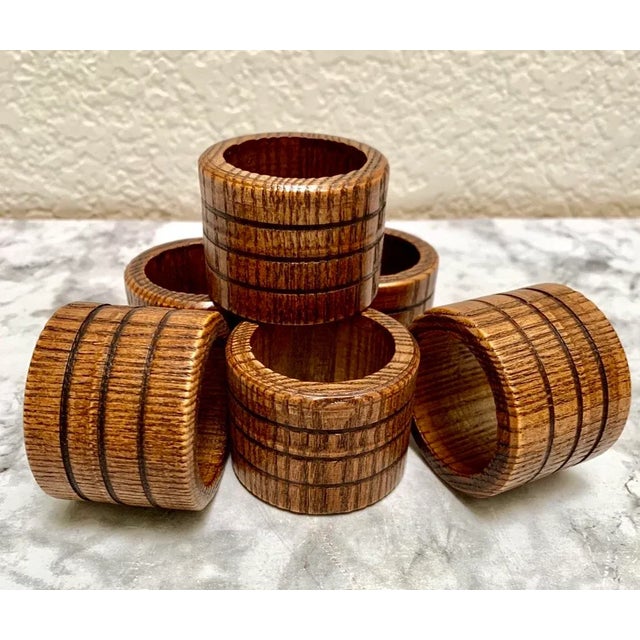 Cabin Vintage Midcentury Wood Carved Napkin Rings, Set of Six For Sale - Image 3 of 3