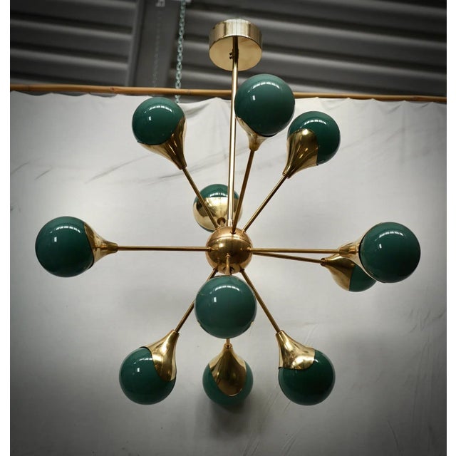 Gold Mid-Century Spherical Green Glass and Brass Sputnik Chandelier, 2000s For Sale - Image 8 of 8