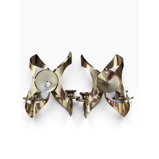 Mid 20th Century Vintage Mascot Pat Pending Gold Tone Mid-Century Modern Wall Candle Sconces, Pair For Sale - Image 5 of 6