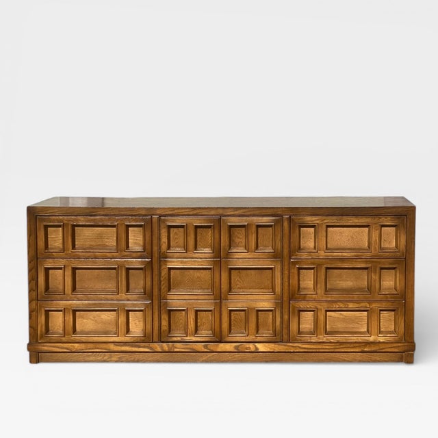 Vintage Brutalist Oak Geometric-Front Lowboy Dresser, Mid-Century For Sale - Image 17 of 18
