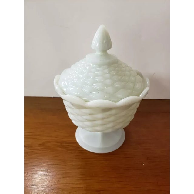 American Vintage Milk Glass Lidded Pedestal Candy Dish/Compote With Basket Weave Pattern For Sale - Image 3 of 8