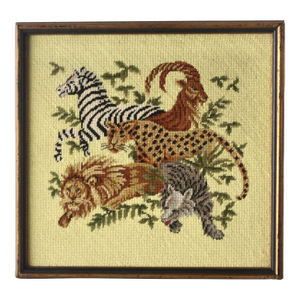 1970's Vintage Large Lion Cheetah Ram Zebra Wolf Framed Needlepoint