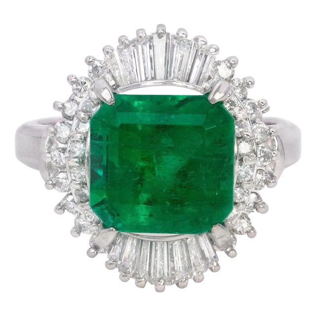 Sgl Certified 3.32 Carat Emerald Diamond Platinum Ring, Size 6 For Sale