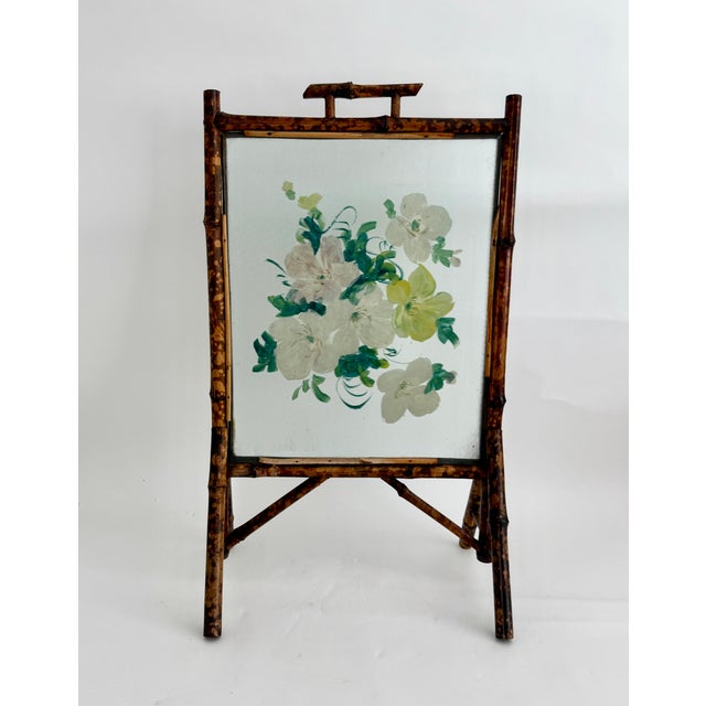 Antique Victorian Bamboo and Hand-Painted Glass Fire Screen, C,1890s For Sale In Los Angeles - Image 6 of 9