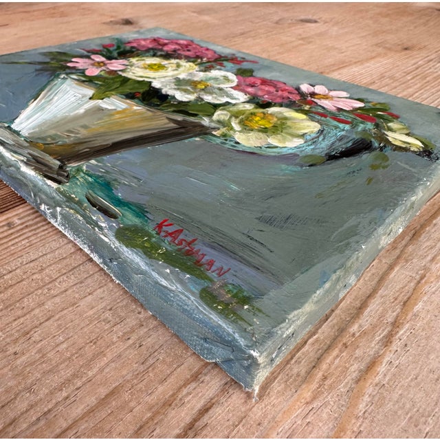 “Bloom Anyway”, Mixed Media Collage Flower Still Life Painting on Recycled Canvas by Artist Kristin Ashman. For Sale - Image 9 of 11