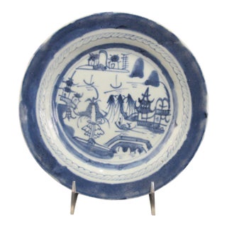Antique Chinese Canton Blue Export Village Mountain Porcelain Plate 8 3/4" For Sale