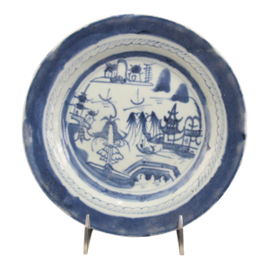 Antique Chinese Canton Blue Export Village Mountain Porcelain Plate 8 3/4"