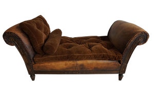French Distressed Leather Adjustable Loveseat or Daybed, 1900s