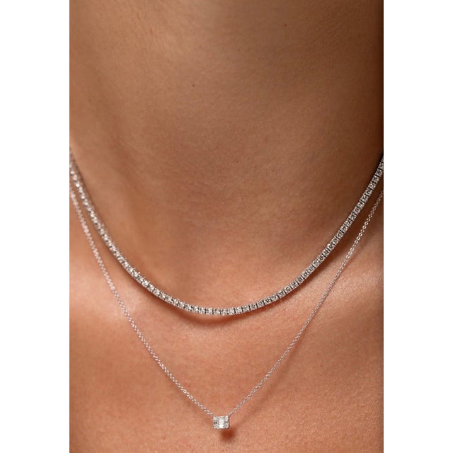 Transparent Round 5 Pointer, 4 Ct Diamond Tennis Necklace 14 Karat White Gold , Unisex, 16" For Sale - Image 8 of 18