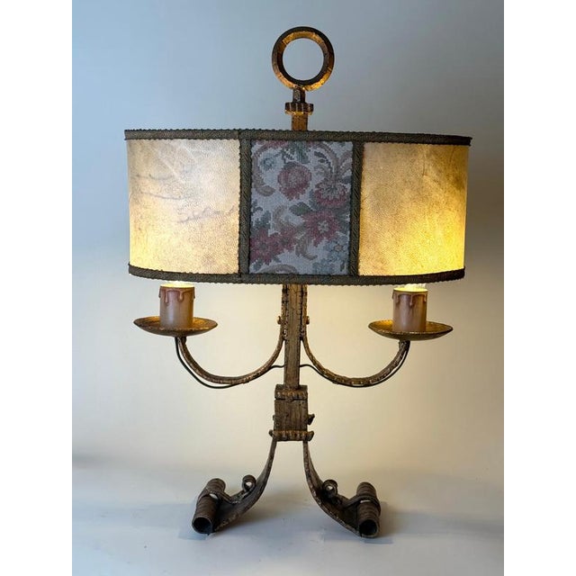 1950s Large Florentine Gilt Iron Two-Light Table Lamp with Leather and Tapestry Shade, 1950s For Sale - Image 5 of 18