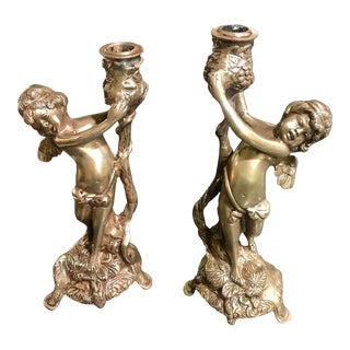 Pair of Antique Cherub/Angel/Putti Bronze Candle Holders For Sale