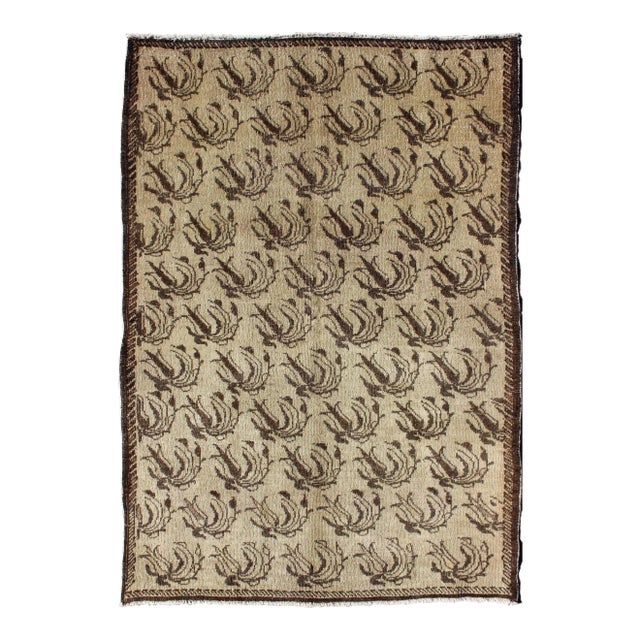 Vintage Turkish Oushak Rug With Repeating Botanical Motif in Taupe, Dark Brown For Sale