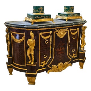 Empire Style Marble Top Sideboard Cabinet With Gilded Bronze Sculptures & Grand Storage For Sale