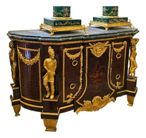 Empire Style Marble Top Sideboard Cabinet With Gilded Bronze Sculptures & Grand Storage