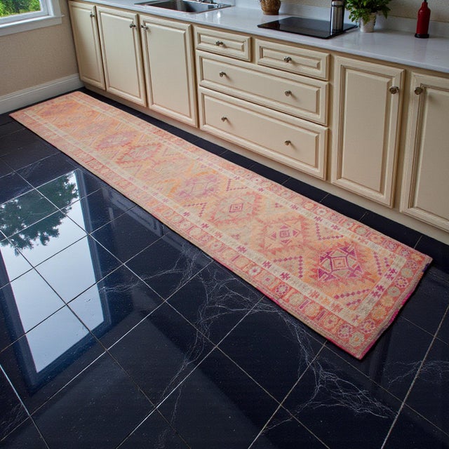 Mid-Century Modern Hand-Knotted Distressed Kurdish Runner Rug . Tribal Low Pile Faded Herki Runner Rug 2′9″ × 13′10″ For Sale - Image 3 of 12