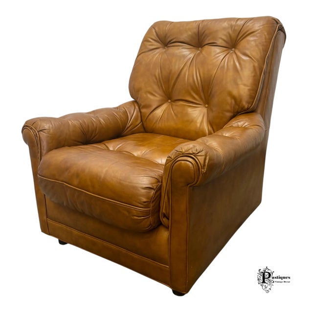 Vintage Classic Leather Traditional Style Tufted Top Grain Leather Club Chair & Ottoman For Sale - Image 9 of 12