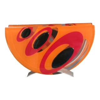 Mid Century Modern Vintage Abstract Red, Orange & Black Art Glass Angle Metal Vase For Sale