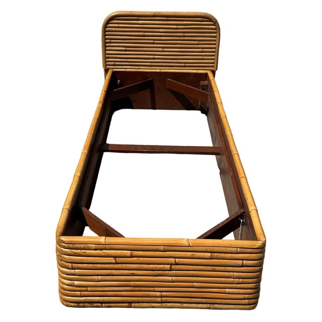 Restored Paulk Frankl-inspired stacked rattan narrow single-size bed frame featuring a stacked 10-pole base and matching...