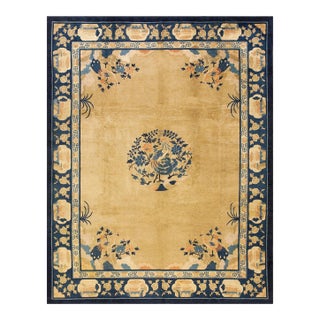 Cute Tan Background Color and blueFlower Border Medallion/Crest Pattern Antique Chinese Peking Rug For Sale