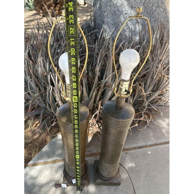 Ceramic Vintage/Retro Brass Bronze-Tone Ceramic Stoneware Cylindrical Table Lamps - a Pair For Sale - Image 7 of 8