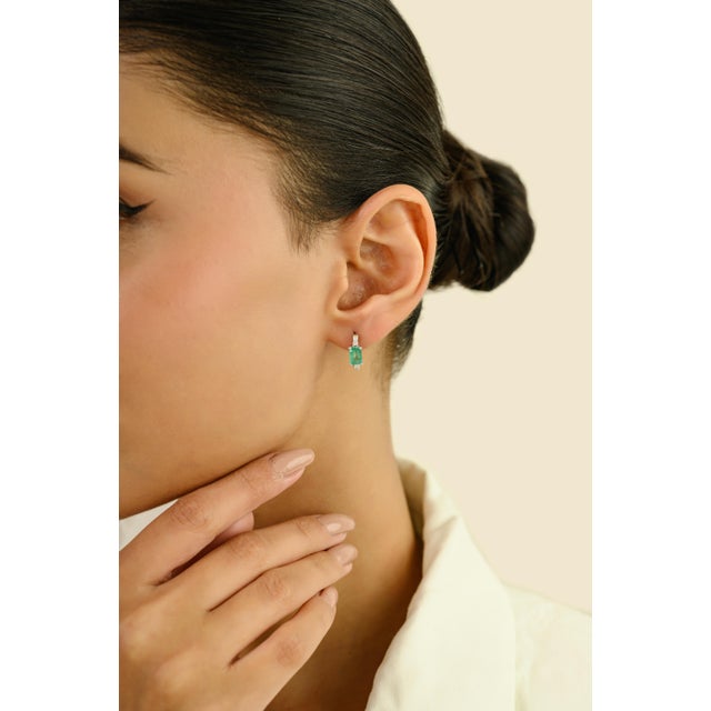 Green 1.3Ct Natural Emerald-Cut Emerald & Diamond Hoop Earrings in 14k White Gold- A Pair For Sale - Image 8 of 13