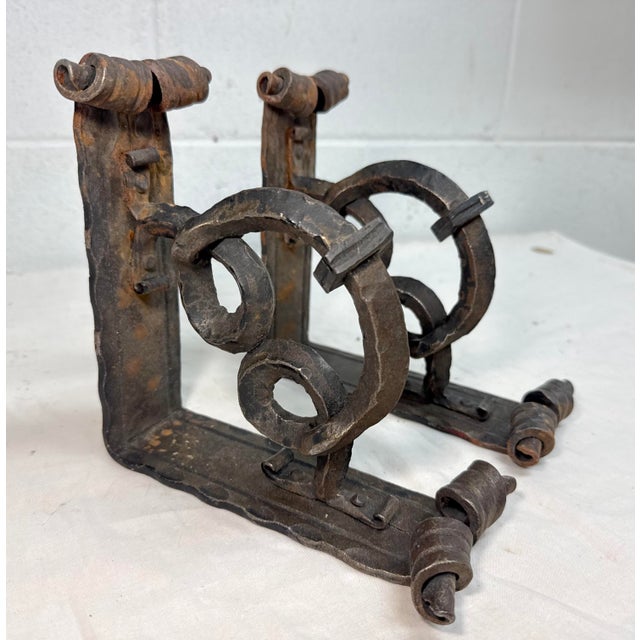 1910s Pair of Antique Ornate Thick Hand Wrought Iron Wall Brackets Corbels Sconces 2 For Sale - Image 5 of 9