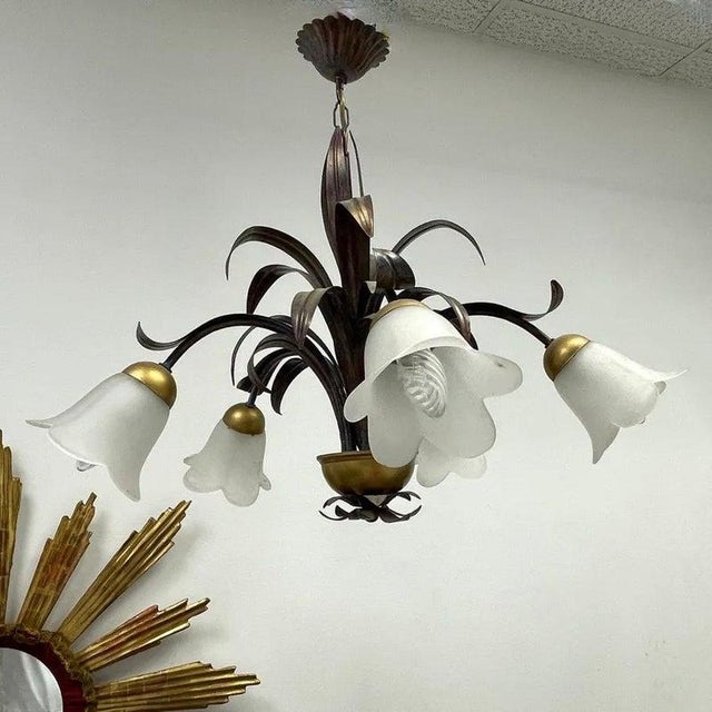 Petite Florentine style six-light chandelier. Functions as is with six E14 / 110 Volt light bulbs. Can take up to 40 Watts...