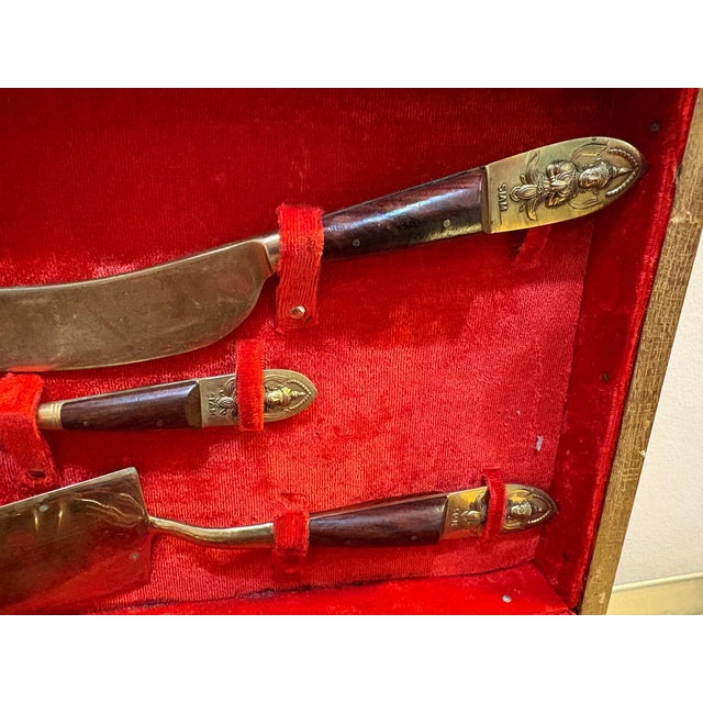 1940s Midcentury Thai Wood/Brass Flatware Serving Set in Box For Sale - Image 5 of 5