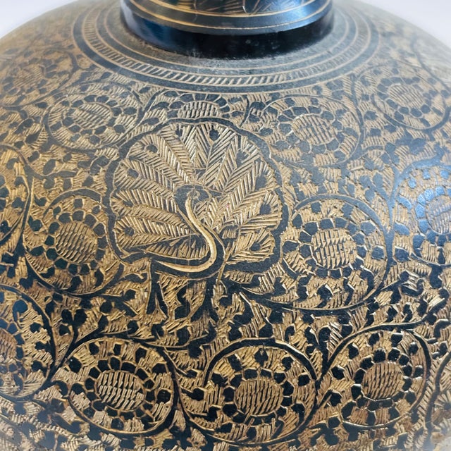 Metal Large 8" Etched Brass Vase With Peacock Design For Sale - Image 7 of 10