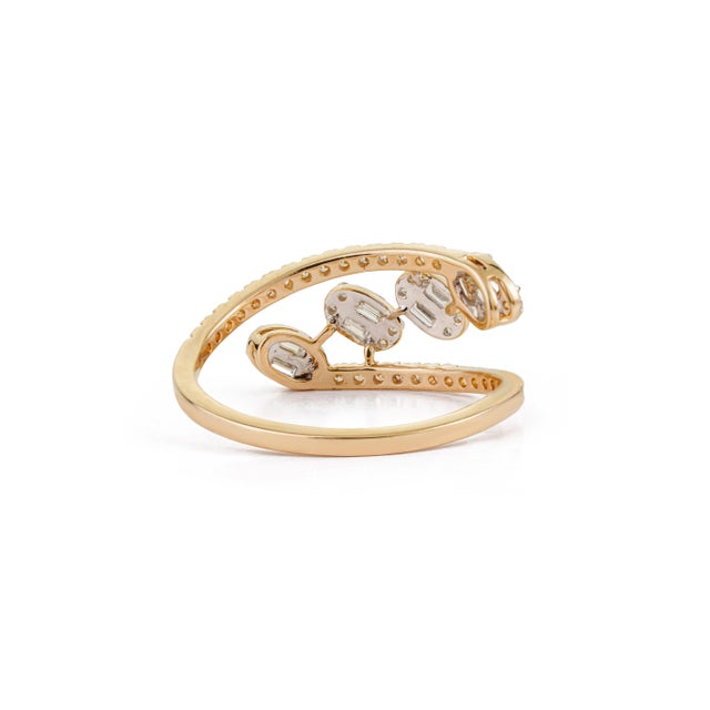 Certified 14k Solid Yellow Gold Baguette & Round Diamond Pave Bypass Ring Size 4 For Sale - Image 9 of 17