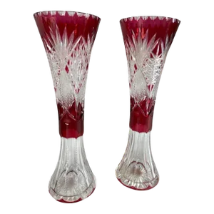 Pair of Vintage Bohemian Cut Crystal Vases, First Half of 20th Century