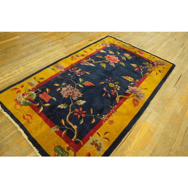Lovely Navy Blue Background and Yellow Gold Border Color With Floral Design Antique Chinese Art Deco Rug For Sale - Image 12 of 12