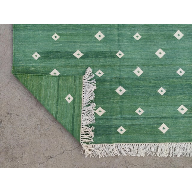 Handmade Cotton Rug, Forest Green with White Diamonds and Cream Fringe - 10'x14' For Sale - Image 9 of 10