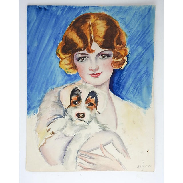 1920's watercolor on paper painting of young woman holding a terrier puppy. Signed Viola Brown lower right corner....