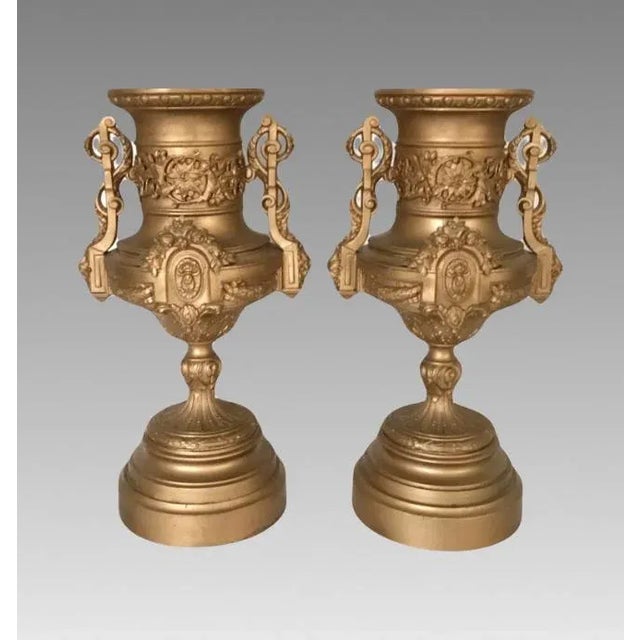 Victorian Vintage Italian Neoclassical Gold Spelter Ornamental Planters or Urns - A Pair - Italy For Sale - Image 3 of 10