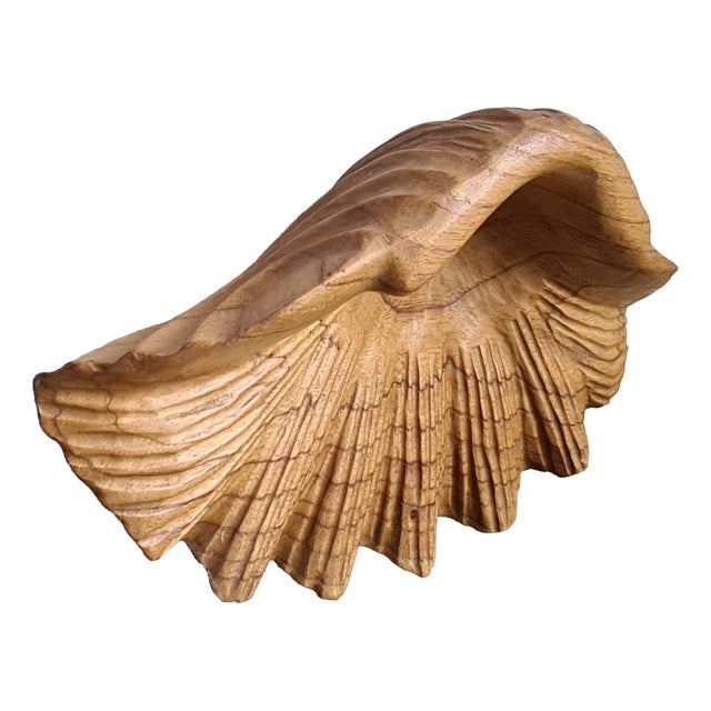 Vintage Handmade Carved Wooden Seashell Bowl, 1960s For Sale