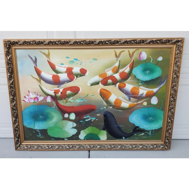 Chinoiserie Vintage Koi Fish Painting Framed Oil on Board For Sale - Image 3 of 12