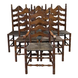 English Country Ladderback Woven Rush Seat Solid Cherry Farmhouse Chairs - Set of 6 For Sale