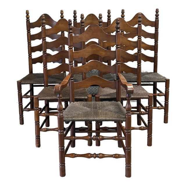 English Country Ladderback Woven Rush Seat Solid Cherry Farmhouse Chairs - Set of 6 For Sale