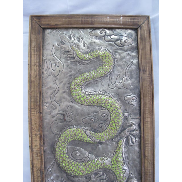 Chinese Chinese Silver Metal Relief Green Enamel Painted Dragon Panel in Wood Frame For Sale - Image 3 of 8