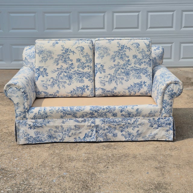 Antique Blue & White Toile De Jouy Camel Back Loveseat Rolled Arms Pleated Skirt For Sale - Image 12 of 16