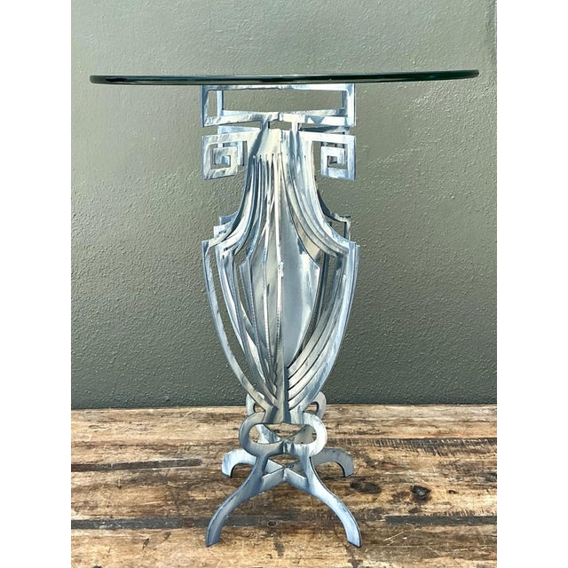 Vintage Greek Key Motif Metal and Glass Drinks Table For Sale - Image 4 of 12