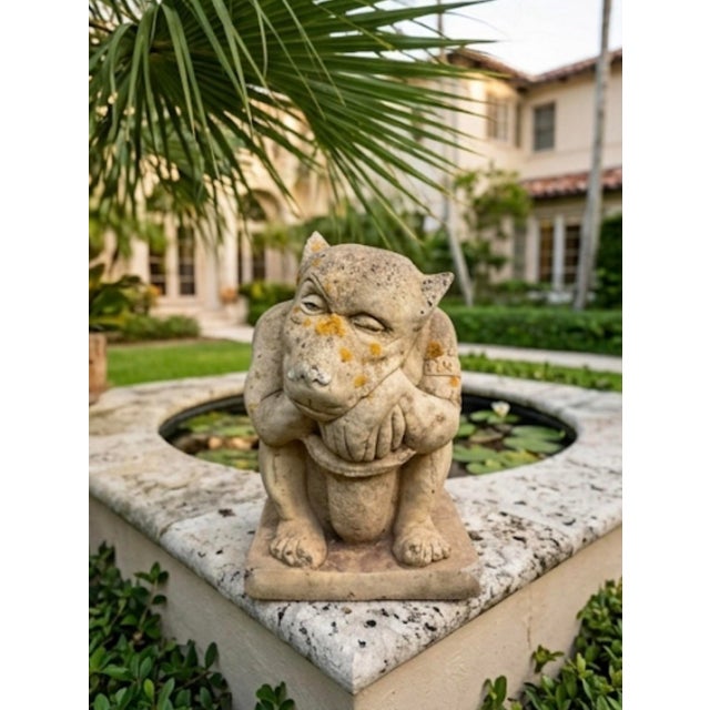 Ecru Vintage Cast Stone Crouching Gargoyle Garden Statue For Sale - Image 8 of 12
