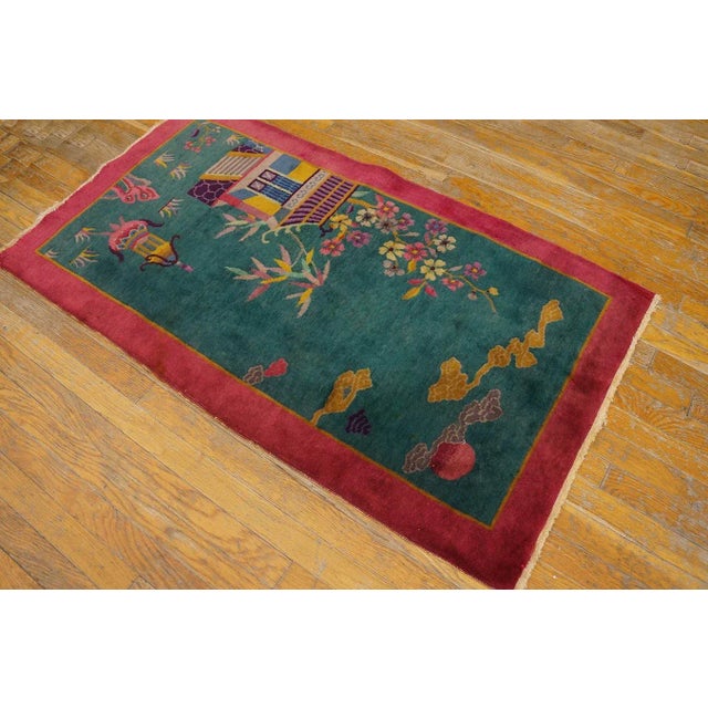 1920s Chinese Art Deco Carpet ( 2' 6'' x 4' 5'' - 76 x 134 cm ) Green Antique Wool Floral Hand Knotted Pile 1920s...