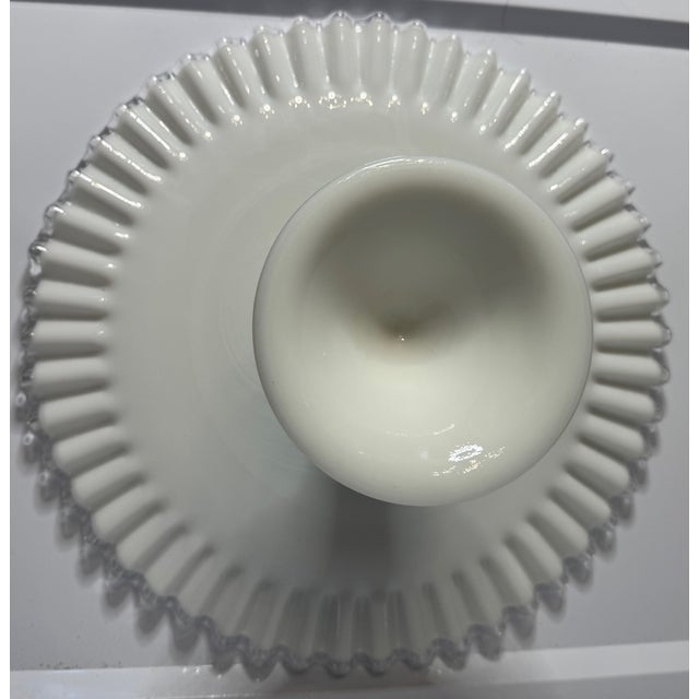 Vintage Fenton Silver Crest Milk Glass Pedestal Cake Stand With Ruffled Clear Edge For Sale In Houston - Image 6 of 7
