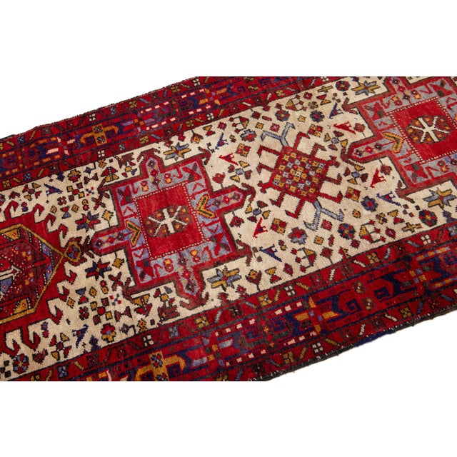 Textile Allover Vintage Heriz Handmade Wool Runner in Beige and Red For Sale - Image 7 of 9